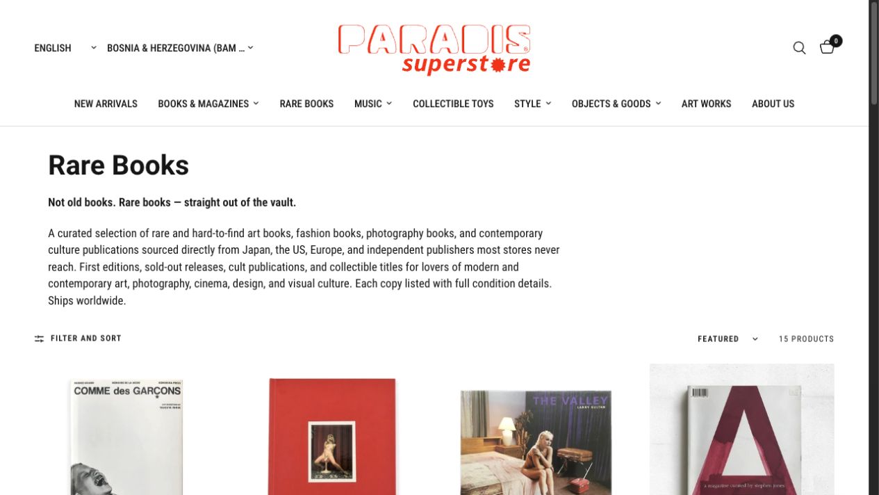 The Rare Books collection with an introduction, filters and product grid.
