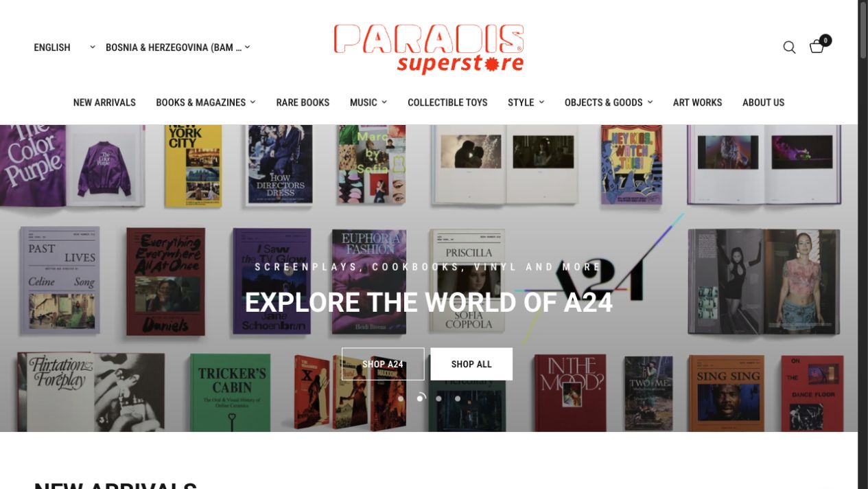 The homepage featuring the A24 collection and direct links into the catalogue.