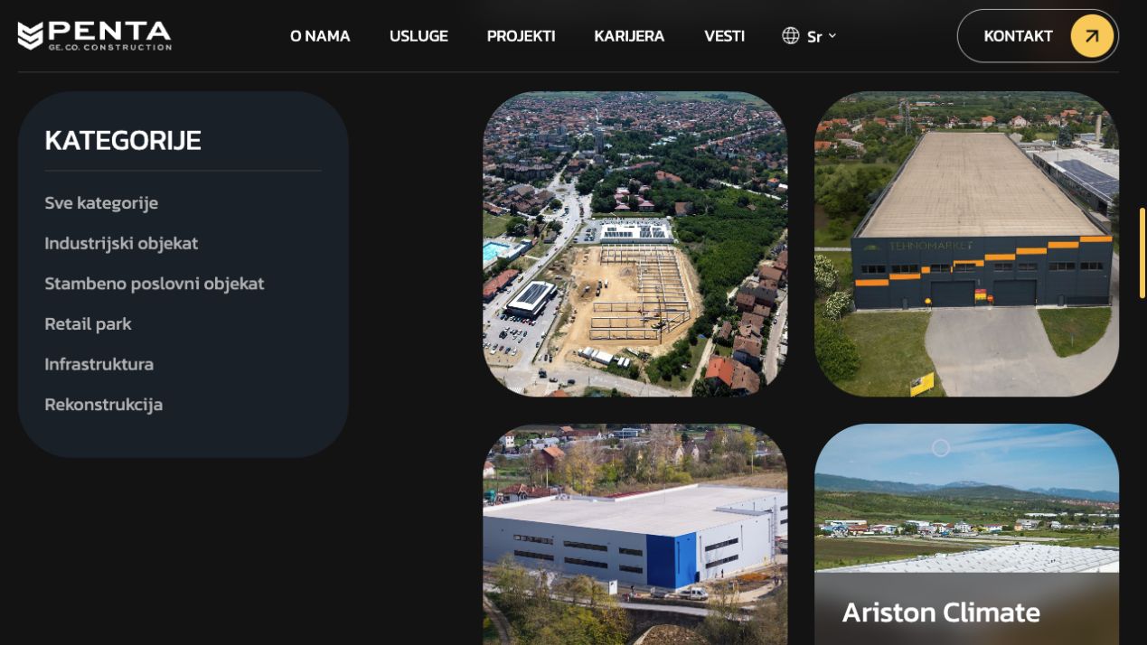 The project overview with categories and photographs of completed buildings.