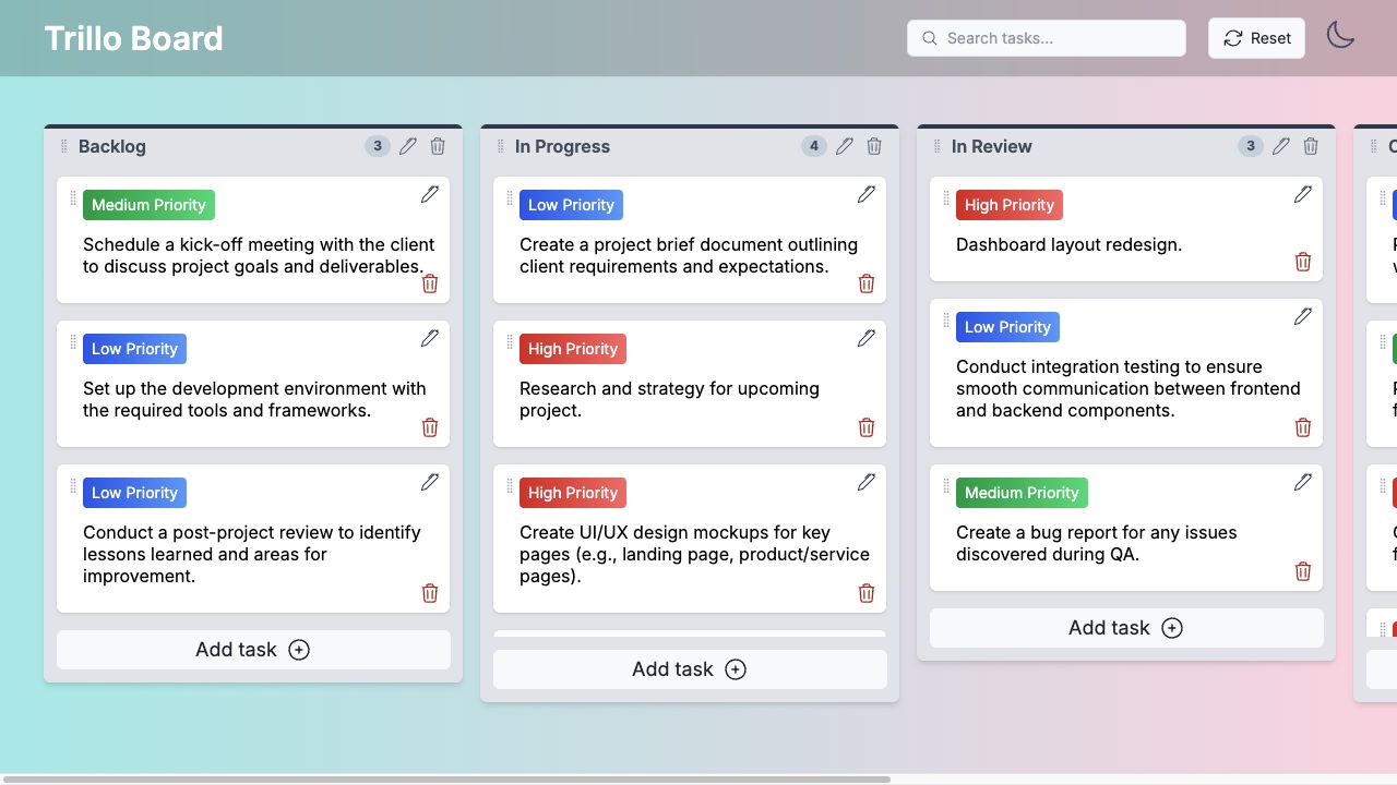 The kanban board with task columns and priority labels.